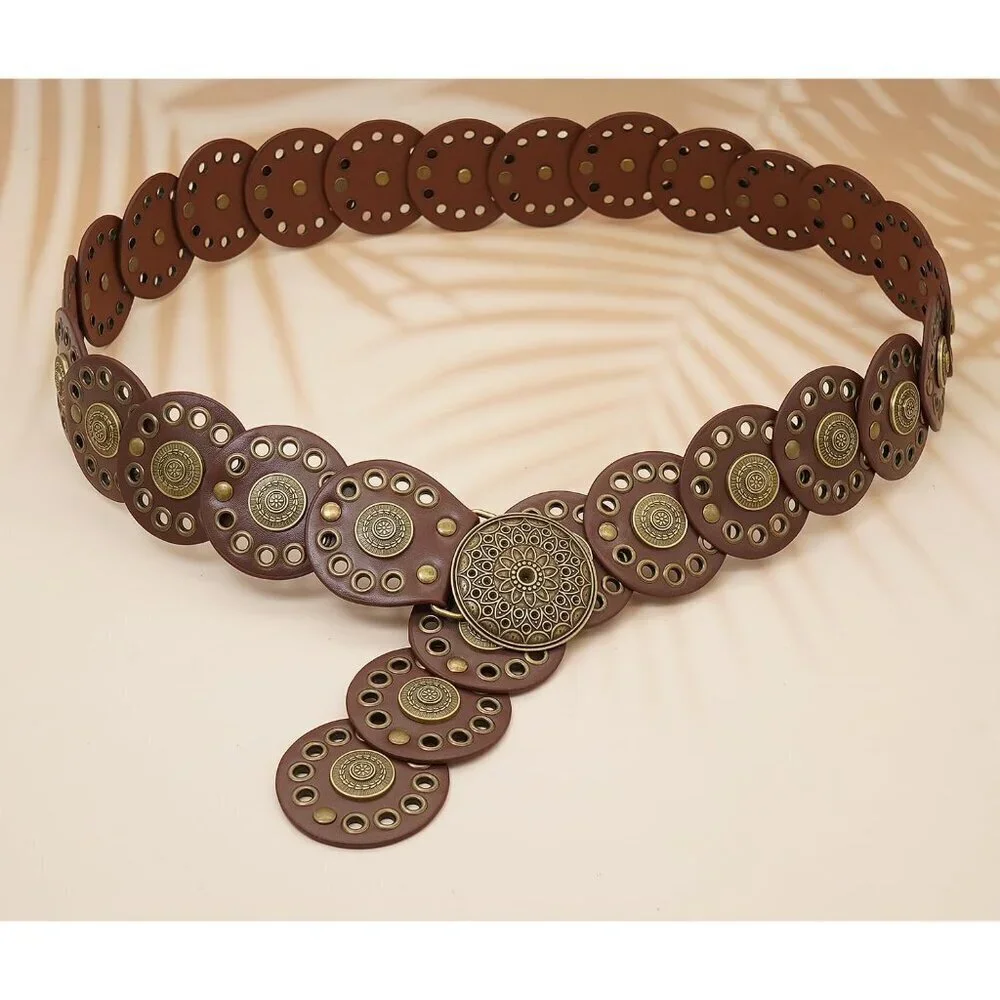 Women Western Leather Belt Disk Concho Boho Waist Accessory for Dresses